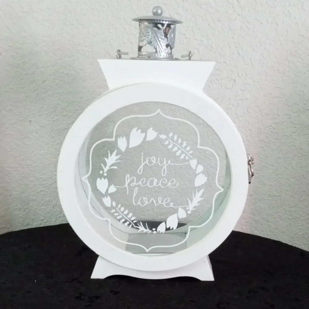 White Decorative Lantern with Joy Peace Love Design